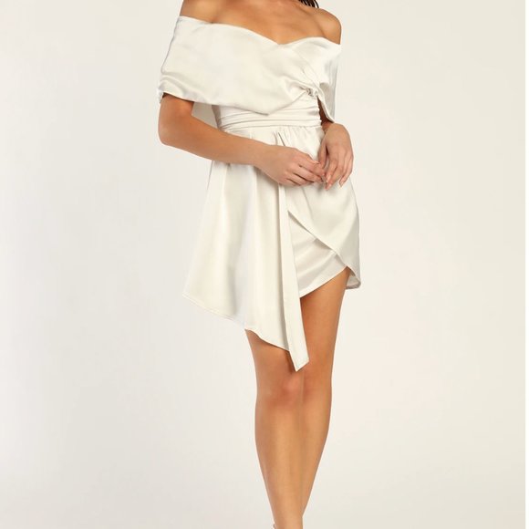 NWT Lulus Always Celebrating Ivory Satin Off-the-Shoulder Mini Dress - Picture 4 of 7